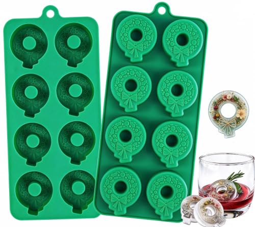 Webake Christmas Wreath Ice Cube Molds 2-Pack - Holiday Silicone Wreath Trays for Cocktails & Drinks