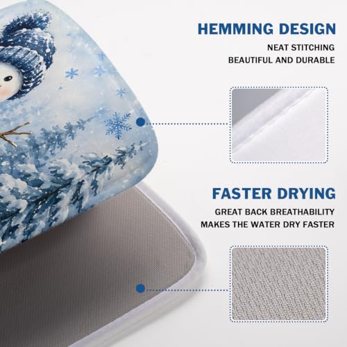 Kawani Blue Snowman Pine Tree Christmas Dish Drying Mat 18x24 Inch