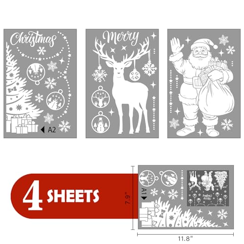 Christmas Santa Claus Window Clings - 4 Sheets Holiday Decor, 11.8" x 7.9"