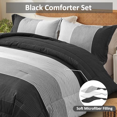 Black Comforter Set Full Size - Reversible Stripe Design, 3 Pieces