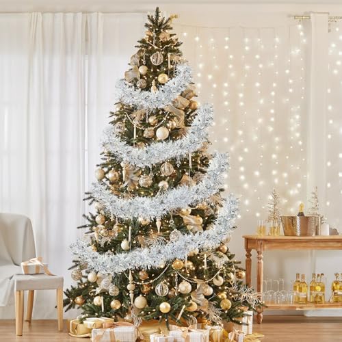 Kinglake Garden 33 ft Silver Christmas Tinsel Garland for Tree & Decor