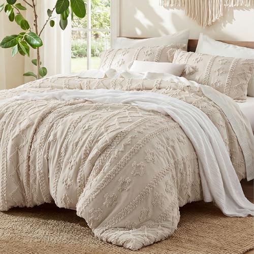Bedsure Tufted Boho Comforter Set Queen Size - Beige Farmhouse Bedding