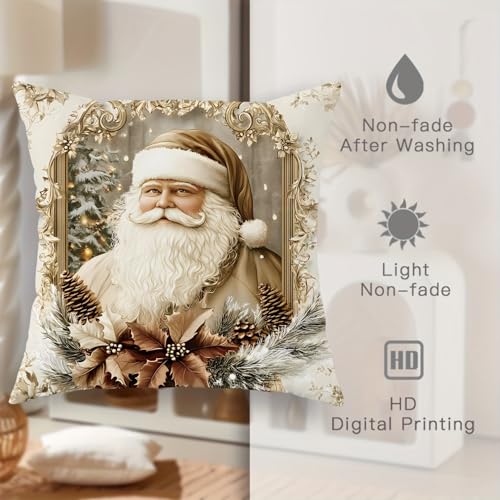 NSSHEL 4 Pcs Christmas Throw Pillow Covers - Santa, Xmas Tree & Elk Designs, 18x18 Inch, Short Plush, Single-Sided Print, Style 2