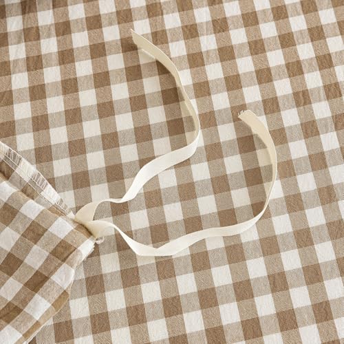 Tan Gingham Duvet Cover Set Queen - 100% Washed Cotton Brown Plaid