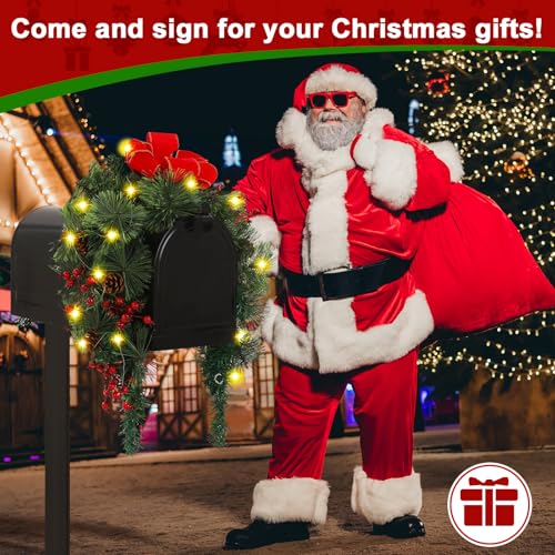 Suncalla 36-Inch Christmas Mailbox Swag Decor with Lights & Red Bow