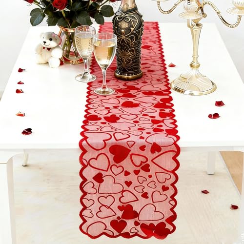Valentine's Day Lace Heart Table Runner - 13 x 72 Inch Romantic Home Decor