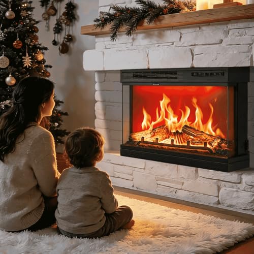 24-Inch Electric Fireplace Insert, 3-Sided Recessed & Wall Mount Heater with Remote