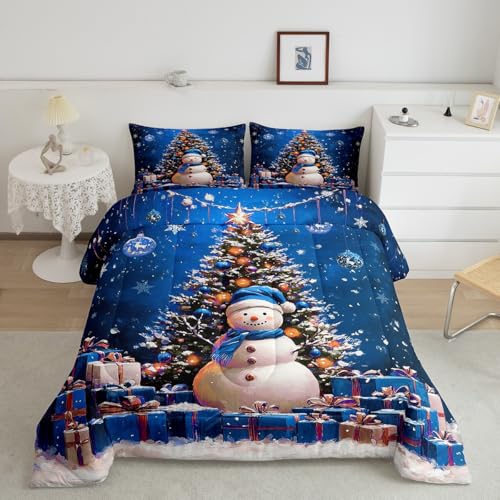 Feelyou Christmas Tree Snowman Snowflake Queen Comforter Set Blue Green White Kids Bedding