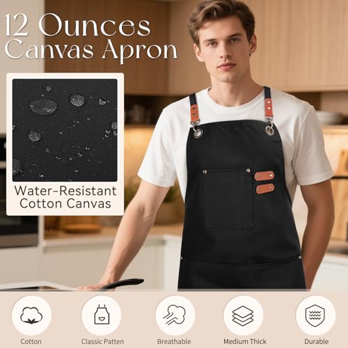 Water-Resistant Canvas Kitchen Apron with Large Pockets for Cooking & BBQ