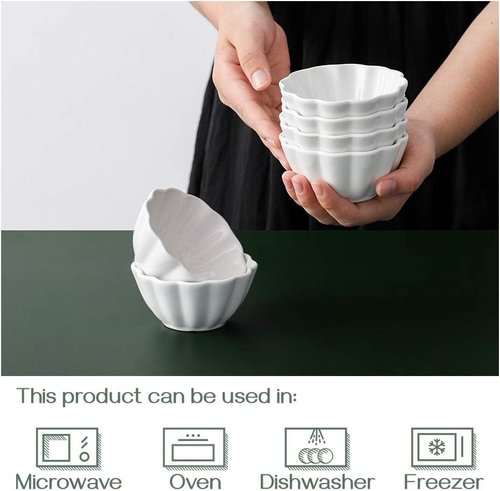 DOWAN Ramekins - 4 oz Flower-Shaped Porcelain Baking Cups | Set of 6 Oven Safe White Custard Bowls