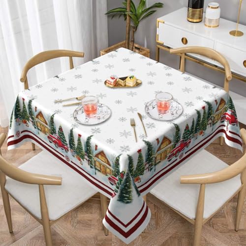Barneova 54x54 Inch Water-Resistant Christmas Tablecloth with Cedar and Red Truck Design, Reusable Holiday Decor