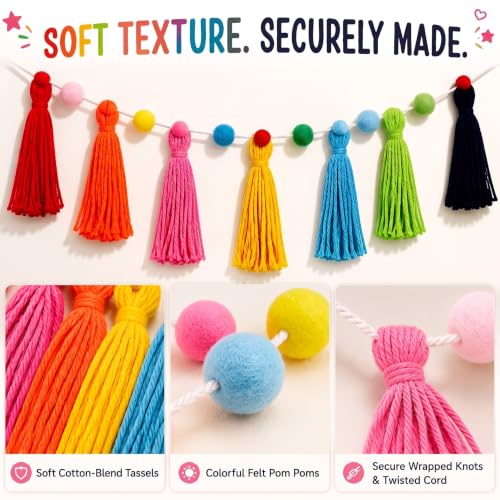 3-Piece Pastel Rainbow Tassel Garland, Boho Pom Pom Wall Hanging Decor