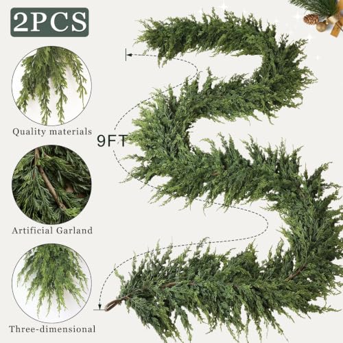 Artificial Cedar Garland 9ft x2 - Christmas Decoration for Fireplace, Indoor/Outdoor