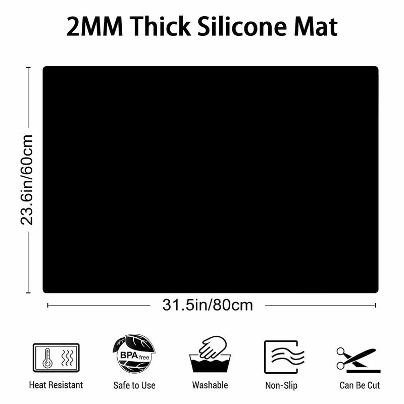 2MM Thick Silicone Countertop Mat, 31.5"x 23.6"(80cmx60cm) Silicone Mats for Kitchen Counter, Nonslip Heat Resistant Mat, Large Kitchen Counter Mats, Waterproof Countertop Protector, Black