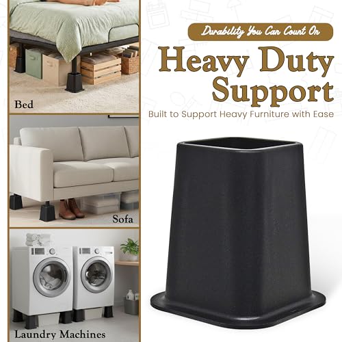 6-Inch Heavy Duty Bed Risers - Set of 4 Black Stackable Furniture Lifts