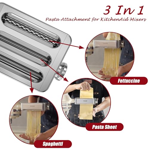 3-in-1 Pasta Maker Attachment for Stand Mixers, Stainless Steel Roller