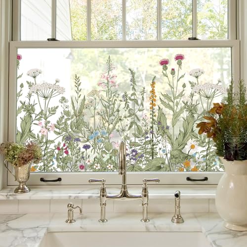 Stained Glass Window Film - Colorful Wildflower Design, 17.5 x 78.7 in, Removable DIY Static Clings