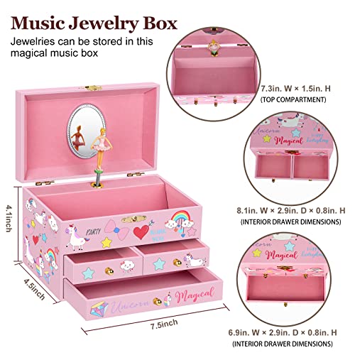 Unicorn Musical Jewelry Box with 3 Drawers and Jewelry Set for Girls
