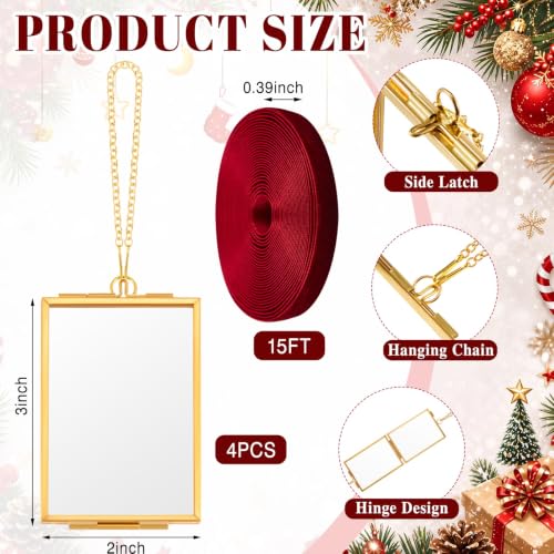 4 Set Double Glass Brass Christmas Picture Frame Ornament for Tree