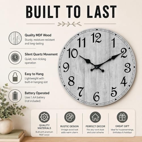 8-Inch Rustic Wooden Wall Clock, Silent Non-Ticking Decorative Clock