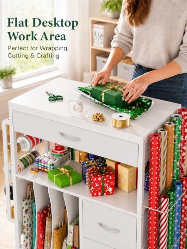 Rolling Gift Wrapping Paper Storage Cart with Ribbon Holder and Drawers