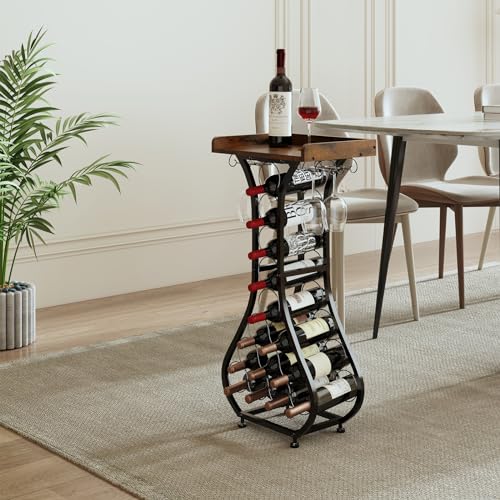 Freestanding Wine Rack Table with Glass Holder, 14-Bottle Liquor Storage