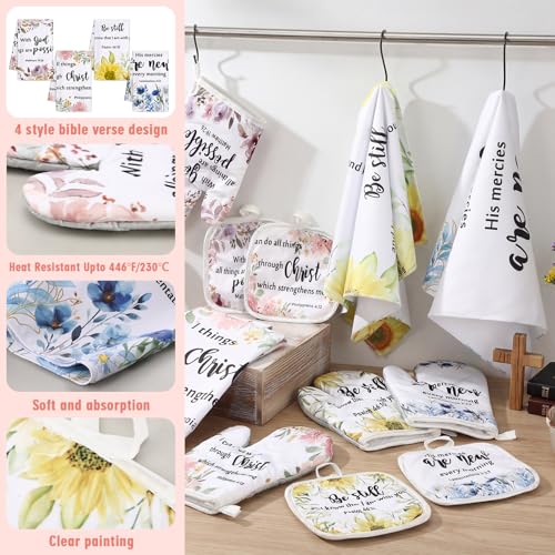 Christian Kitchen Gift Set with Towels, Oven Mitts & Pot Holders - Religious Bible Verse Decor for Women