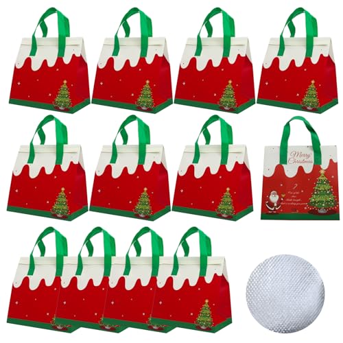 12Pcs Christmas Insulated Lunch Bags - Disposable Cooler Bags with Santa Holiday Design, 9.45 x 9.45 x 5.91 in, Red/Green/White