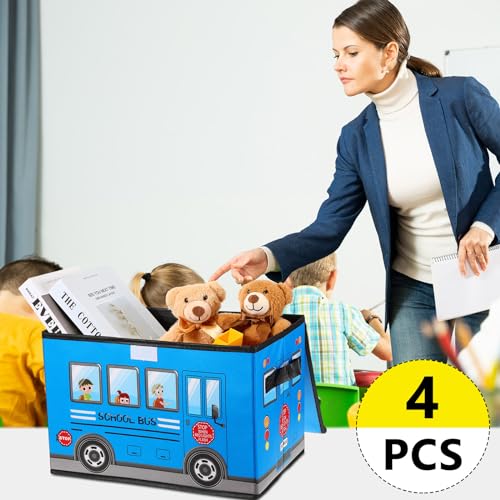 4-Piece Foldable Toy Storage Chest Set - Cartoon Bus Design for Kids