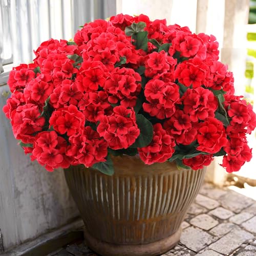 6-Piece Artificial Silk Geranium Flowers - UV Resistant Outdoor Red Faux Plants