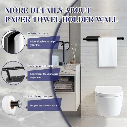 Bollove Black Stainless Steel Paper Towel Holder Self Adhesive Under Cabinet