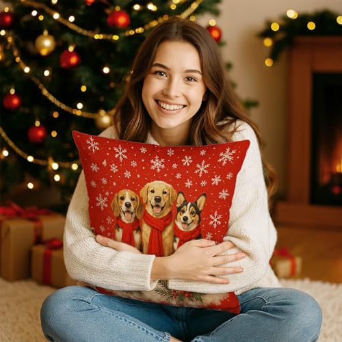 IVN Christmas Dog Trio Pillow Covers 18x18 Inch Set of 2 - Retrievers Holiday Decor