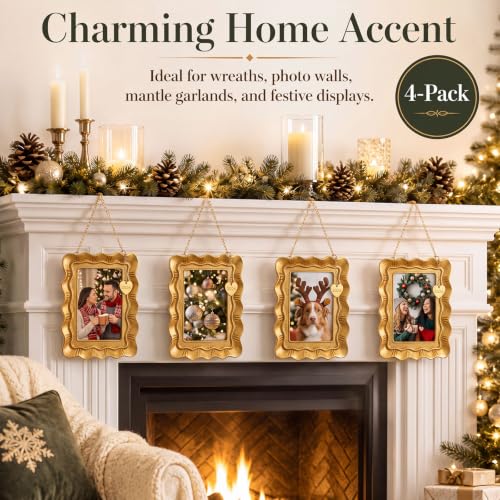 Gold Vintage Christmas Picture Frame Ornaments, 4-Pack 2x3 in - Resin