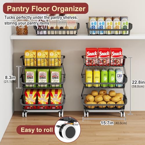 3-Tier Rolling Pantry Cart, Stackable Wire Fruit & Vegetable Basket Stand