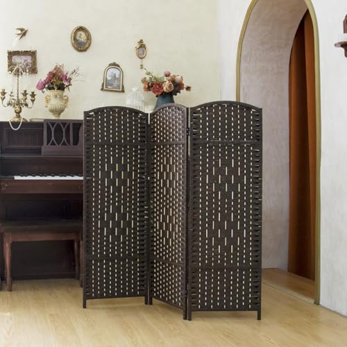 PawlaBay Dark Brown 3-Panel Short Rattan Room Divider, 47.2-Inch Privacy Screen for Home & Office
