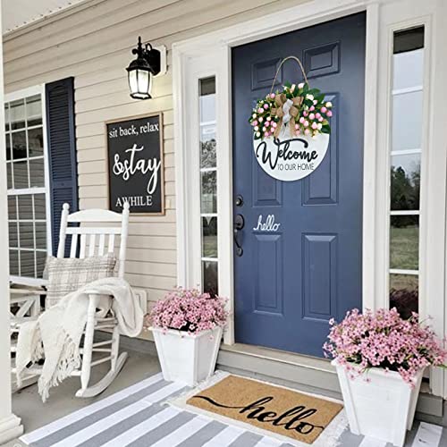 13-Inch Farmhouse Welcome Wreath with Pink Flowers for Front Door Decor