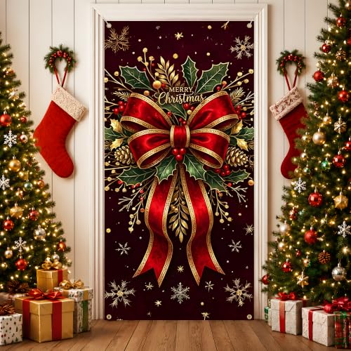 Christmas Door Cover 71x35in - Elegant Red Bow Holly Banner with Gold Snowflakes (Variation: Christmas red bow / 71x35 inches)