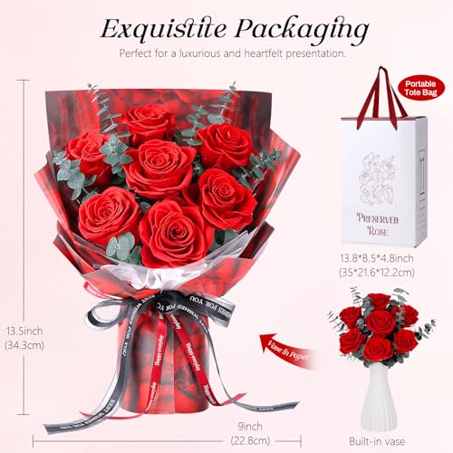 Preserved Red Rose Bouquet with Vase, 7 Real Roses for Anniversary Gift