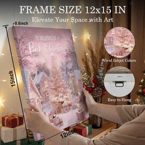 Voxitura Pink Snow Christmas Tree Wall Art Canvas 12x15in Holiday Decor