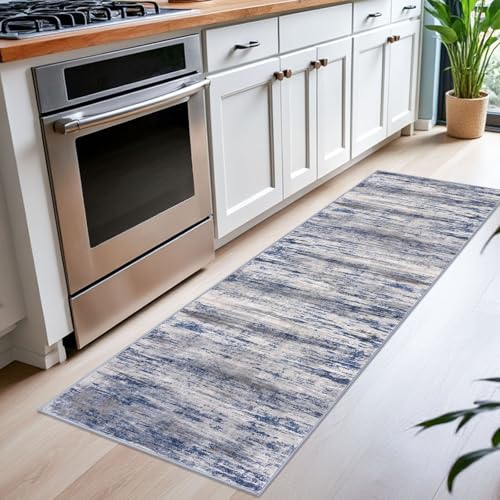Washable 2x6 Rug Runner, Non-Slip Abstract Striped Hallway Rug, Grey-Blue