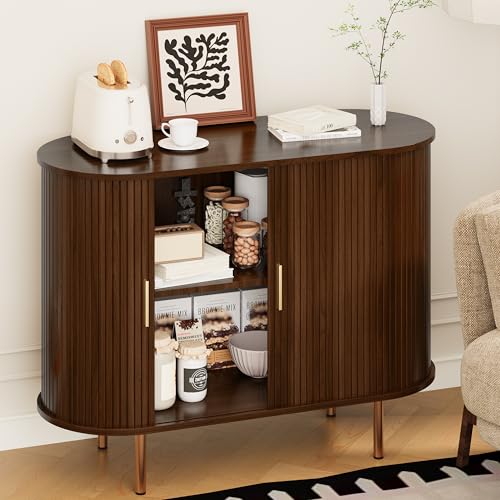 Mid Century Modern Sideboard Buffet Cabinet with Sliding Doors, 40-Inch Walnut