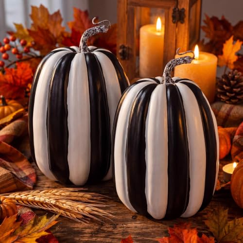 2 Pcs Large Artificial Foam Pumpkins, 8.6-Inch Black and White Striped Decor