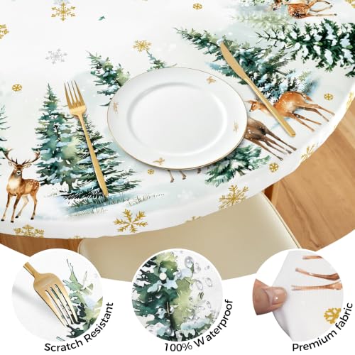 Miffrank Christmas Round Fitted Tablecloth 40-44in with Elastic Edge – Waterproof Snow Reindeer Xmas Tree Pattern