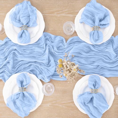 Light Blue Cheesecloth Table Runner, 35x120 Inch Boho Gauze Table Decor