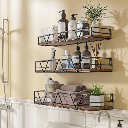 Floating Shelves Set of 3 Wood Wall Shelf with Metal Guardrail