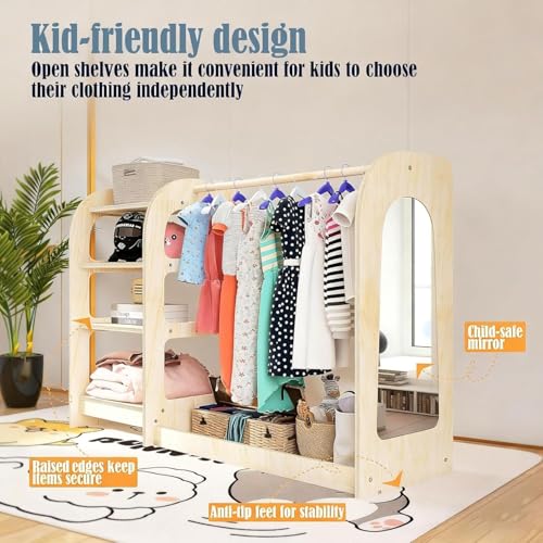Kids Dress Up Storage Wardrobe with Mirror and Shelves - Wooden Kids Closet Organizer