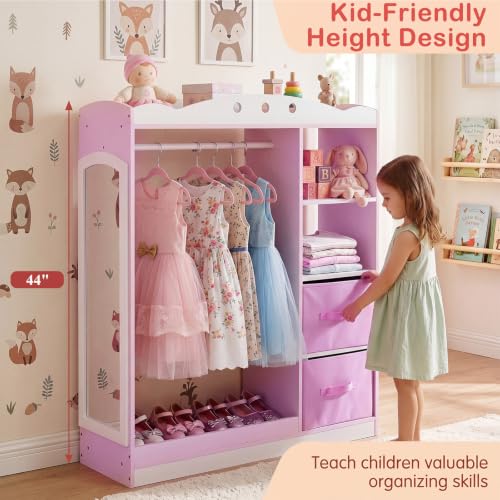 Kids Dress Up Storage Wardrobe with Mirror, Pink Toddler Costume Closet