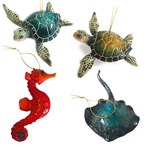Christmas Sea Creature Ornament Bundle (4) – Turtle, Seahorse, Stingray, Coastal Decor