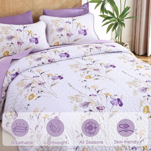 Light Purple Floral Quilt Set Queen - 3 Piece Reversible Bedspread with Shams
