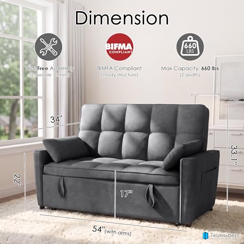54-Inch Velvet Sleeper Sofa Bed, Convertible Pull-Out Loveseat with Pockets